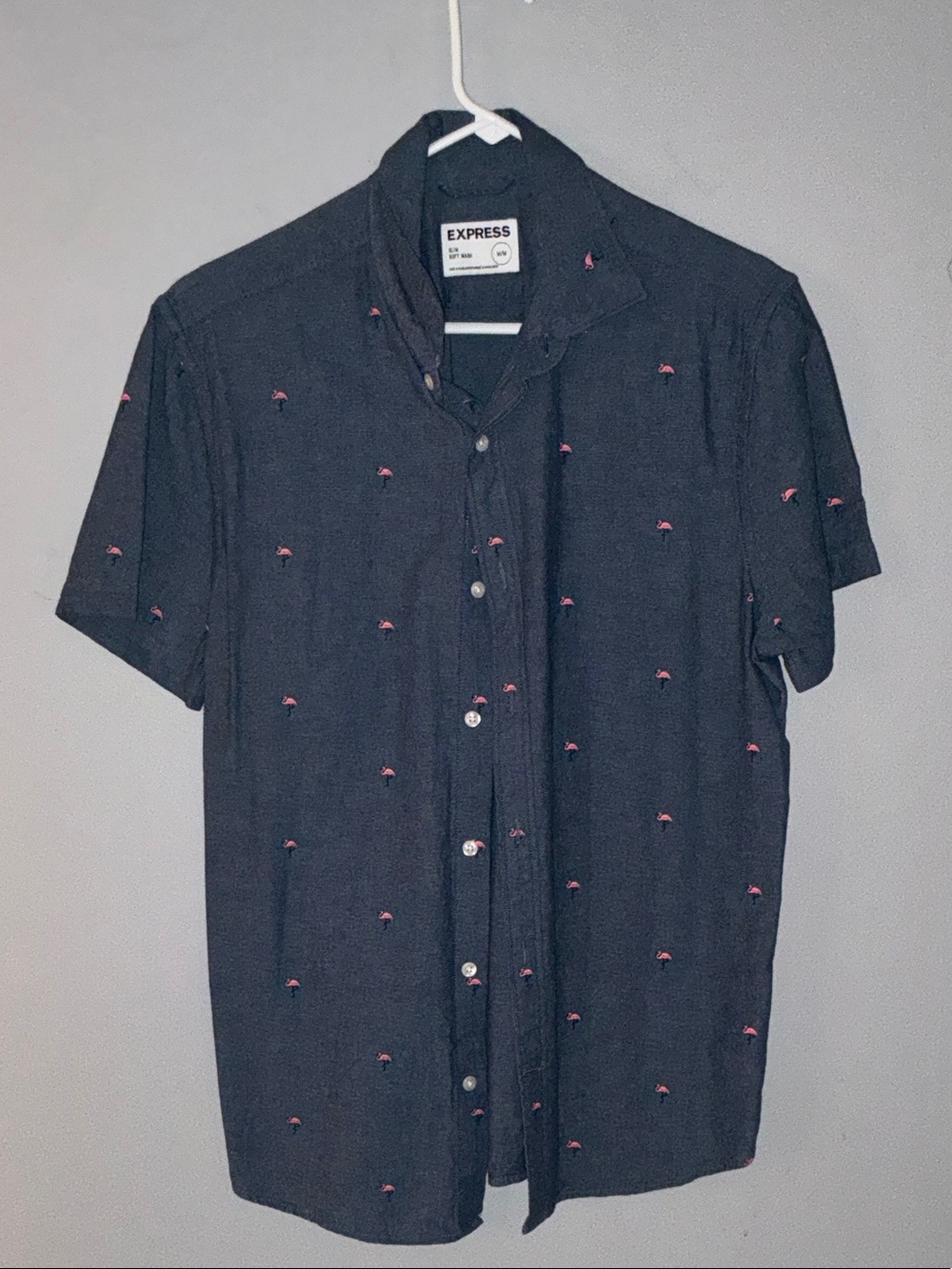 Express Men's Short Sleeve Navy Button-Up with Pink Embroidery